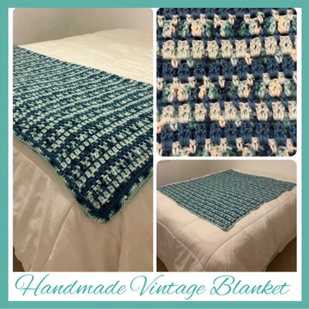Handmade Crochet Blanket Throw Quilt Sea Glass Coastal Blue Aqua Green 56” X 54”